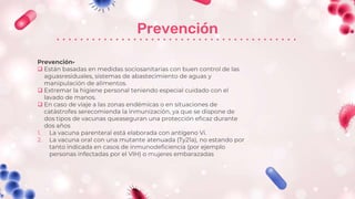 Prevención
Prevención•
 Están basadas en medidas sociosanitarias con buen control de las
aguasresiduales, sistemas de abastecimiento de aguas y
manipulación de alimentos.
 Extremar la higiene personal teniendo especial cuidado con el
lavado de manos.
 En caso de viaje a las zonas endémicas o en situaciones de
catástrofes serecomienda la inmunización, ya que se dispone de
dos tipos de vacunas queaseguran una protección eficaz durante
dos años
1. La vacuna parenteral está elaborada con antígeno Vi.
2. La vacuna oral con una mutante atenuada (Ty21a), no estando por
tanto indicada en casos de inmunodeficiencia (por ejemplo
personas infectadas por el VIH) o mujeres embarazadas
 