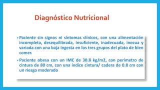 Diagnóstico Nutricional
• Paciente sin signos ni síntomas clínicos, con una alimentación
incompleta, desequilibrada, insuficiente, inadecuada, inocua y
variada con una baja ingesta en los tres grupos del plato de bien
comer.
• Paciente obesa con un IMC de 30.8 kg/m2, con perímetro de
cintura de 80 cm, con una índice cintura/ cadera de 0.8 cm con
un riesgo moderado
 