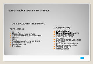 LAS REACCIONES DEL ENFERMO 
ADAPTATIVAS 
 Humor 
 Negación,cólera difusa 
 Cólera contra la enfermedad 
 Llanto 
 Miedo 
 Realización de una ambición 
 Esperanza realista 
 Deseo sexual 
 Regateo 
INADAPTATIVAS: 
 Culpabilidad 
 Negación patológica 
 Rabia prolongada 
 Cólera contra las 
personas 
 Crisis de llanto violentas 
 Angustia 
 Peticiones imposibles 
 Esperanza quimérica 
 Desesperación 
 Manipulación 
CASO PRÁCTICO: ENTREVISTA 
 
