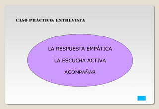 CASO PRÁCTICO: ENTREVISTA 
LA RESPUESTA EMPÁTICA 
LA ESCUCHA ACTIVA 
ACOMPAÑAR 
 