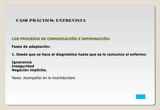 CASO PRÁCTICO: ENTREVISTA 
LOS PROCESOS DE COMUNICACIÓN EE IINNFFOORRMMAACCIIÓÓNN:: 
FFaasseess ddee aaddaappttaacciióónn:: 
11.. DDeessddee qquuee ssee hhaaccee eell ddiiaaggnnóóssttiiccoo hhaassttaa qquuee ssee llee ccoommuunniiccaa aall eennffeerrmmoo:: 
IIggnnoorraanncciiaa 
IInnsseegguurriiddaadd 
NNeeggaacciióónn iimmppllíícciittaa.. 
TTaarreeaa:: AAccoommppaaññaarr eenn llaa iinncceerrttiidduummbbrree 
 