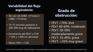 • No uso de SABA >4 horas o
LABA >15 horas
• 10-15 minutos posterior a
200-400 mcg de Salbutamol
• Incremento del FEV1 o CVF
>12% y >200 mL del basal
• Niños: FEV1 >12%
• FEV1 >70%: leve
• FEV1 60-69%: moderado
• FEV1: 50-59%
moderadamente grave
• FEV1: 35-49%: grave
• FEV1: <35% muy grave
Global Initiative for Asthma. Global Strategy For Asthma Management and Prevention, 2021. Disponible en: www.ginasthma.org
 