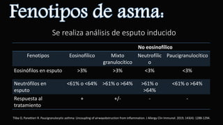 No eosinofílico
Fenotipos Eosinofílico Mixto
granulocítico
Neutrofílic
o
Paucigranulocítico
Eosinófilos en esputo >3% >3% <3% <3%
Neutrófilos en
esputo
<61% o <64% >61% o >64% >61% o
>64%
<61% o >64%
Respuesta al
tratamiento
+ +/- - -
Se realiza análisis de esputo inducido
Tliba O, Panettieri R. Paucigranulocytic asthma: Uncoupling of airwayobstruction from inflammation. J Allergy Clin Immunol. 2019; 143(4): 1288-1294.
 