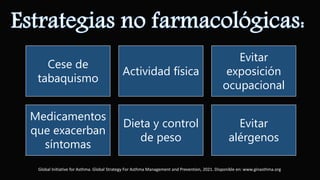 Cese de
tabaquismo
Actividad física
Evitar
exposición
ocupacional
Medicamentos
que exacerban
síntomas
Dieta y control
de peso
Evitar
alérgenos
Global Initiative for Asthma. Global Strategy For Asthma Management and Prevention, 2021. Disponible en: www.ginasthma.org
 
