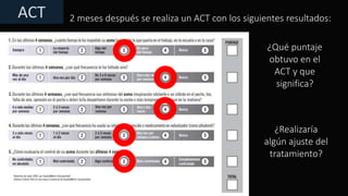 ACT 2 meses después se realiza un ACT con los siguientes resultados:
¿Qué puntaje
obtuvo en el
ACT y que
significa?
¿Realizaría
algún ajuste del
tratamiento?
 
