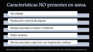 Tos aislada
Producción crónica de esputo
Disnea asociada a mareo o fosfenos
Dolor torácico
Disnea asociada a ejercicio con inspiración ruidosa
Global Initiative for Asthma. Global Strategy For Asthma Management and Prevention, 2021. Disponible en: www.ginasthma.org
 