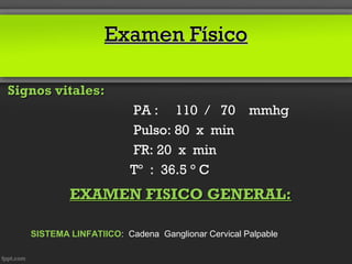Examen Físico

Signos vitales:
                         PA : 110 / 70 mmhg
                         Pulso: 80 x min
                         FR: 20 x min
                         Tº : 36.5 ° C
           EXAMEN FISICO GENERAL:

   SISTEMA LINFATIICO: Cadena Ganglionar Cervical Palpable
 