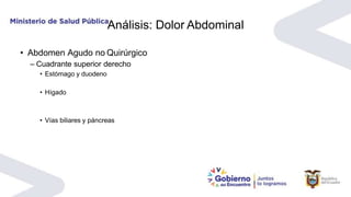 Análisis: Dolor Abdominal
• Abdomen Agudo no Quirúrgico
– Cuadrante superior derecho
• Estómago y duodeno
• Hígado
• Vías biliares y páncreas
 