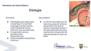 Primaria
● Patologías que obstruyen
o estenosan la vía biliar
(colangitis esclerosante,
enfermedad de Caroli,
infecció-nes parasitarias),
● Cirugía biliar previa
(anastomosis
bilioentéricas)
● Enfermedades hemolíticas
crónicas
Secundaria
● La forma secundaria es la
más frecuente (8-20% de
pacientes a los que se
realiza colecistectomía, 2-
4% poscolecistectomia), y
resulta de la migración de
cálculos desde la vesícula
biliar
 