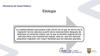 Etiología
La coledocolitiasis secundaria más común es el que se deriva de la
migración de los cálculos a partir de la vesícula biliar después de
atravesar el conducto cístico, por lo que el tamaño original de los
cálculos tiene una importancia radical, esto es, que los cálculos
pequeños migrarán con mayor facilidad que los cálculos grandes.
 