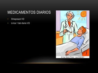 MEDICAMENTOS DIARIOS
• Omeprazol VO
• Lirica 1 tab diaria VO
 