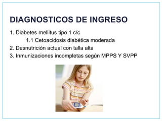 DIAGNOSTICOS DE INGRESO
1. Diabetes mellitus tipo 1 c/c
1.1 Cetoacidosis diabética moderada
2. Desnutrición actual con talla alta
3. Inmunizaciones incompletas según MPPS Y SVPP
 