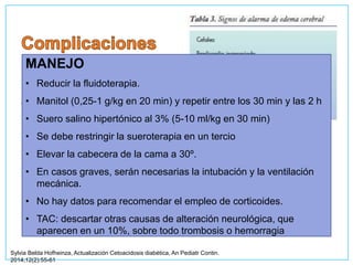 • Edema cerebral
• Aparece entre las 4 y 12 h
tras el inicio del tratamiento
• Factores de riesgo:
• Incremento atenuado del sodio durante el tratamiento
de la CAD
• Gravedad de la acidosis
• Tratamiento con bicarbonato
• el grado de hipocapnia al comienzo
• Aumento del BUN.
MANEJO
• Reducir la fluidoterapia.
• Manitol (0,25-1 g/kg en 20 min) y repetir entre los 30 min y las 2 h
• Suero salino hipertónico al 3% (5-10 ml/kg en 30 min)
• Se debe restringir la sueroterapia en un tercio
• Elevar la cabecera de la cama a 30º.
• En casos graves, serán necesarias la intubación y la ventilación
mecánica.
• No hay datos para recomendar el empleo de corticoides.
• TAC: descartar otras causas de alteración neurológica, que
aparecen en un 10%, sobre todo trombosis o hemorragia
Sylvia Belda Hofheinza, Actualización Cetoacidosis diabética, An Pediatr Contin.
2014;12(2):55-61
 