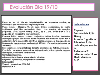 Pacte en su 10° día de hospitalización, se encuentra estable, se
hospitaliza por insuficiencia hepática por OH.                               IndicacionesCACI
Pacte lúcido, Glasgow 15, de buen ánimo, cooperador, de cubito               ONES:
indiferente, piel bien perfundida, tibia, con ictericia, sin ganglios
palpables. CSV: 100/60 mmhg, 36.5ºC, 85 x`, 25x`, dolor ENA 5 a la
                                                                             Reposo
palpación en hipogastrio (paracentesis).                                     Furosemida 1 dia
Examen físico: normo cráneo, conjuntiva bulbar ictérica, dentadura           40 mg
incompleta propia con caries, tórax: indemne sin irritación axilar, MP +,    Acantex 1 gr dia ev
Abdomen: duro, depresible, sin RHA, ascitis, doloroso a la palpación en
hipogastrio (paracentesis realizada el 10/ 04). Perímetro abdominal de       Albumina 1 dia
106 cmts                                                                     cada dia por medio
Ext: superiores : vvp antebrazo derecho sin signos de flebitis, obturada.    ev
Extr. Infer: sin edema, con varices, onicomicosis, onicocriptosis, micosis
interdigital, con buena sensibilidad.
                                                                             Aldactona 2
Genitales: indemnes.                                                         tabletas cada 12 vo
Alimentación:+, buena tolerancia sin vómitos.                                Medir diuresis
Régimen: hiposódico, hipoproteico Giovanetti                                 BHE
Eliminación:
Vesical : + colúricas, 1350 CC
Intestinal: + N
 