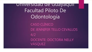Universidad de Guayaquil
Facultad Piloto De
Odontología
CASO CLÍNICO
DE JENNIFER TELLO CEVALLOS
4/2
DOCENTE: DOCTORA NELLY
VÁSQUEZ
 