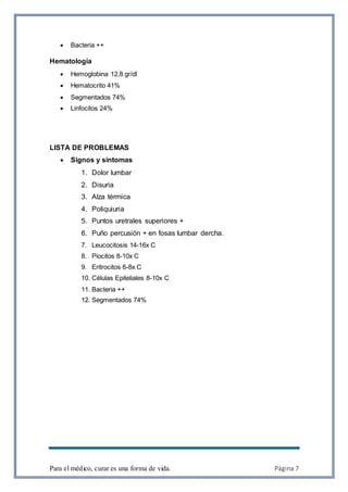 Para el médico, curar es una forma de vida. Página 7
 Bacteria ++
Hematología
 Hemoglobina 12,8 gr/dl
 Hematocrito 41%
 Segmentados 74%
 Linfocitos 24%
LISTA DE PROBLEMAS
 Signos y síntomas
1. Dolor lumbar
2. Disuria
3. Alza térmica
4. Poliquiuria
5. Puntos uretrales superiores +
6. Puño percusión + en fosas lumbar dercha.
7. Leucocitosis 14-16x C
8. Piocitos 8-10x C
9. Eritrocitos 6-8x C
10. Células Epiteliales 8-10x C
11. Bacteria ++
12. Segmentados 74%
 