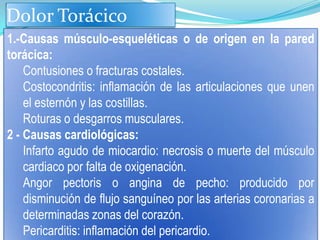 Dolor Torácico
1.-Causas músculo-esqueléticas o de origen en la pared
torácica:
    Contusiones o fracturas costales.
    Costocondritis: inflamación de las articulaciones que unen
    el esternón y las costillas.
    Roturas o desgarros musculares.
2 - Causas cardiológicas:
    Infarto agudo de miocardio: necrosis o muerte del músculo
    cardiaco por falta de oxigenación.
    Angor pectoris o angina de pecho: producido por
    disminución de flujo sanguíneo por las arterias coronarias a
    determinadas zonas del corazón.
    Pericarditis: inflamación del pericardio.
 