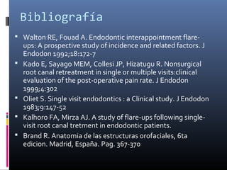 Bibliografía
 Walton RE, Fouad A. Endodontic interappointment flare-
ups: A prospective study of incidence and related factors. J
Endodon 1992;18:172-7
 Kado E, Sayago MEM, Collesi JP, Hizatugu R. Nonsurgical
root canal retreatment in single or multiple visits:clinical
evaluation of the post-operative pain rate. J Endodon
1999;4:302
 Oliet S. Single visit endodontics : a Clinical study. J Endodon
1983;9:147-52
 Kalhoro FA, Mirza AJ. A study of flare-ups following single-
visit root canal tretment in endodontic patients.
 Brand R. Anatomia de las estructuras orofaciales, 6ta
edicion. Madrid, España. Pag. 367-370
 