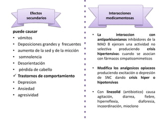 Efectos
secundarios
puede causar
• vómitos
• Deposiciones grandes y frecuentes
• aumento de la sed y de la micción
• somnolencia
• Desorientación
• pérdida de cabello
 Trastornos de comportamiento
• Depresion
• Ansiedad
• agresividad
Interacciones
medicamentosas
• La interaccion con
antiparkisonianos inhibidores de la
MAO B ejercen una actividad no
selectiva produciendo crisis
hipertensivas cuando se asocian
con fármacos simpaticomimeticos
• Modifica los analgesicos opiaceos
produciendo excitación o depresión
de SNC dando crisis hiper o
hipotensivas
• Con linezolid (antibiotico) causa
agitación, diarrea, fiebre,
hiperreflexia, diaforesia,
incoordinación, mioclono
 