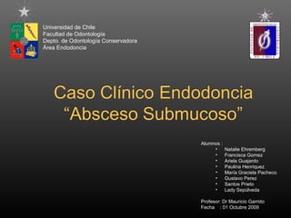 Universidad de Chile
Facultad de Odontología
Depto. de Odontología Conservadora
Área Endodoncia




                                     Alumnos :
                                          •      Natalie Ehremberg
                                          •      Francisca Gomez
                                          •      Ariela Guajardo
                                          •      Paulina Henriquez
                                          •      María Graciela Pacheco
                                          •      Gustavo Perez
                                          •      Santos Prieto
                                          •      Lady Sepúlveda

                                     Profesor: Dr Mauricio Garrido
                                     Fecha : 01 Octubre 2009
 