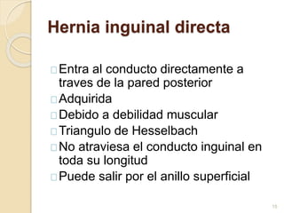 Hernia inguinal directa
Entra al conducto directamente a
traves de la pared posterior
Adquirida
Debido a debilidad muscular
Triangulo de Hesselbach
No atraviesa el conducto inguinal en
toda su longitud
Puede salir por el anillo superficial
15
 