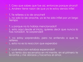 T. Creo que sabes que fue asi, entonces porque ahora? L. Andrew tiene razon de que yo le estoy siendo infiel T. Te refieres a lo de anoche? L. no solo lo de anoche, yo le he sido infiel por un largo tiempo T. y porque no lo habias mencionado? L. esta aqui desde el inicio, quieres decir que nunca lo has notado?, te sorprende? T. no estoy sorprendido, pero no entiendo a que te refieres L. esta no es la reaccion que esperaba T. cual reaccion estabas esperando? L. yo tenia dos escenarios en mi mente, en el primero te levantas y me abrazas y hacemos el amor. 