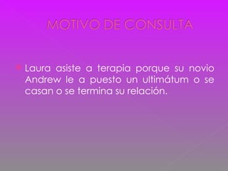 Laura asiste a terapia porque su novio Andrew le a puesto un ultimátum o se casan o se termina su relación.  