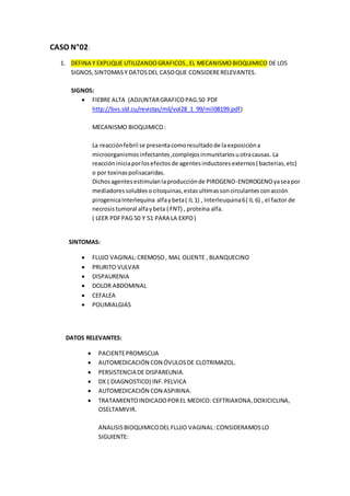 CASO N°02:
1. DEFINA Y EXPLIQUE UTILIZANDOGRAFICOS, EL MECANISMOBIOQUIMICO DE LOS
SIGNOS,SINTOMASY DATOSDEL CASOQUE CONSIDERERELEVANTES.
SIGNOS:
 FIEBRE ALTA (ADJUNTARGRAFICOPAG.50 PDF
http://bvs.sld.cu/revistas/mil/vol28_1_99/mil08199.pdf)
MECANISMO BIOQUIMICO:
La reacciónfebril se presentacomoresultadode laexposicióna
microorganismosinfectantes,complejosinmunitariosuotracausas. La
reaccióniniciaporlosefectosde agentesinductoresexternos( bacterias,etc)
o por toxinaspolisacaridas.
Dichosagentesestimulanlaproducciónde PIROGENO-ENDROGENOyaseapor
mediadoressolublesocitoquinas,estasultimassoncirculantesconacción
pirogenicaInterlequina alfaybeta( IL 1) , Interleuquina6( IL 6) , el factor de
necrosistumoral alfaybeta ( FNT) , proteína alfa.
( LEER PDFPAG 50 Y 51 PARA LA EXPO)
SINTOMAS:
 FLUJO VAGINAL:CREMOSO, MAL OLIENTE , BLANQUECINO
 PRURITO VULVAR
 DISPAURENIA
 DOLOR ABDOMINAL
 CEFALEA
 POLIMIALGIAS
DATOS RELEVANTES:
 PACIENTEPROMISCUA
 AUTOMEDICACIÓN CON ÓVULOSDE CLOTRIMAZOL.
 PERSISTENCIA DE DISPAREUNIA.
 DX ( DIAGNOSTICO) INF.PELVICA
 AUTOMEDICACIÓN CON ASPIRINA.
 TRATAMIENTOINDICADOPOREL MEDICO: CEFTRIAXONA,DOXICICLINA,
OSELTAMIVIR.
ANALISISBIOQUIMICODEL FLUJO VAGINAL:CONSIDERAMOSLO
SIGUIENTE:
 