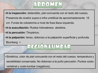 •A la inspección: distendido, piel concuerda con el resto del cuerpo.

Presencia de cicatriz supra e infra umbilical de aproximadamente 15
cm. Funda de colostomía a nivel de fosa iliaca izquierda.
•A la auscultación: Ruidos hidroaéreos abolidos.
•A la percusión: Timpánico.
•A la palpación: tenso, doloroso a la palpación superficial y profunda.
Blumberg +

•Simétrica, color de piel concuerda con el resto del cuerpo, temperatura y
sensibilidad conservada. No doloroso a la puño percusión. Puntos costovertebral y costo-lumbar (negativos).

 
