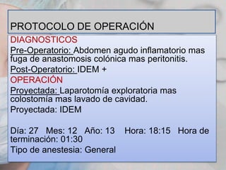 PROTOCOLO DE OPERACIÓN
DIAGNOSTICOS
Pre-Operatorio: Abdomen agudo inflamatorio mas
fuga de anastomosis colónica mas peritonitis.
Post-Operatorio: IDEM +
OPERACIÓN
Proyectada: Laparotomía exploratoria mas
colostomía mas lavado de cavidad.
Proyectada: IDEM
Día: 27 Mes: 12 Año: 13 Hora: 18:15 Hora de
terminación: 01:30
Tipo de anestesia: General

 