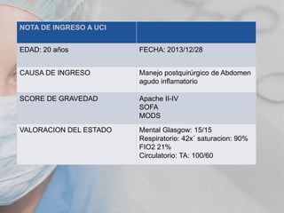 NOTA DE INGRESO A UCI
EDAD: 20 años

FECHA: 2013/12/28

CAUSA DE INGRESO

Manejo postquirúrgico de Abdomen
agudo inflamatorio

SCORE DE GRAVEDAD

Apache II-IV
SOFA
MODS

VALORACION DEL ESTADO

Mental Glasgow: 15/15
Respiratorio: 42x´ saturacion: 90%
FIO2 21%
Circulatorio: TA: 100/60

 