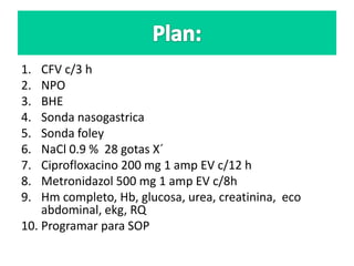 1. CFV c/3 h
2. NPO
3. BHE
4. Sonda nasogastrica
5. Sonda foley
6. NaCl 0.9 % 28 gotas X´
7. Ciprofloxacino 200 mg 1 amp EV c/12 h
8. Metronidazol 500 mg 1 amp EV c/8h
9. Hm completo, Hb, glucosa, urea, creatinina, eco
abdominal, ekg, RQ
10. Programar para SOP
 