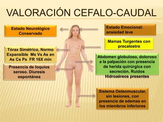 Estado Neurológico 
Conservado 
Tórax Simétrico, Normo 
Expansible Ms Vs As en 
As Cs Ps FR 16X min 
Estado Emocional: 
ansiedad leve 
Mamas Turgentes con 
precalostro 
Abdomen globuloso, doloroso 
a la palpación con presencia 
de herida quirúrgica con 
secreción. Ruidos 
Hidroaéreos presentes 
Presencia de loquios 
seroso. Diuresis 
espontánea 
Sistema Osteomuscular, 
sin lesiones, con 
presencia de edemas en 
los miembros inferiores 
 