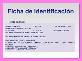 10
DATOS GENERALES
NOMBRE: G.G R/N EDAD: 1/30 SEXO: MASCULINO
HORA DE NACIMIENTO: 10:14 am
PESO: 2690 TALLA: 49.5 CAPURRO: 36 SDG
FECHA DE INGRESO: 10 DE OCTUBRE DEL 2012.
FECHA DE NACIMIENTO: 10 DE OCTUBRE DEL 2012.
PROCEDENCIA: ESTADO DE MÉXICO
SERVICIO DE SALUD: HOSPITAL GENERAL CUAUTITLAN “GRAL. JOSE VICENTE
VILLADA”
SERVICIO: NEONATOLOGÍA PEDIÁTRICA
DX MÉDICO: TAQUIPNEA TRANSITORIA
 