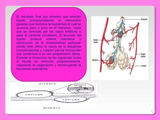 El resultado final son alveolos que retienen
líquido (comprometiendo el intercambio
gaseoso que favorece la hipoxemia) el cual se
acumula poco a poco en el intersticio, hasta
que es removido por los vasos linfáticos o
pasa al corriente circulatorio. El acumulo del
líquido produce edema intersticial y
disminución de la distensibilidad pulmonar
siendo este último la causa de la taquipnea
(compensatoria) y colapso parcial bronquiolar
que condiciona a su vez atrapamiento aéreo.
Durante el transcurso de las siguientes horas
el líquido es removido progresivamente,
mejorando la oxigenación y disminuyendo la
frecuencia respiratoria.
7
 