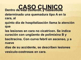 CASO CLINICODentro de este contexto, y habiéndosedeterminado una quemadura tipo A en la cara, alquinto día de hospitalización llama la atención quelas lesiones en cara no cicatricen. Se indica curación con ungüento de polimixina B ybacitracina. Con curva febril en ascenso, y a nuevedías de su accidente, se describen lesionesvesículo-costrosas en cara.