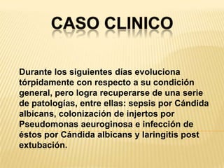 CASO CLINICODurante los siguientes días evoluciona tórpidamente con respecto a su condición general, pero logra recuperarse de una serie de patologías, entre ellas: sepsis por Cándida albicans, colonización de injertos por Pseudomonas aeuroginosa e infección de éstos por Cándida albicans y laringitis post extubación.