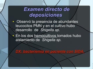 Examen directo deExamen directo de
deposicionesdeposiciones
● Observó la presencia de abundantes
leucocitos PMN y en el cultivo hubo
desarrollo de Shigella sp.
● En los dos hemocultivos tomados hubo
aislamiento de Shigella sp.
DX: bacteriemia en paciente con SIDA.DX: bacteriemia en paciente con SIDA.
 