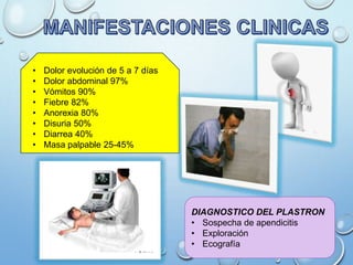 • Dolor evolución de 5 a 7 días
• Dolor abdominal 97%
• Vómitos 90%
• Fiebre 82%
• Anorexia 80%
• Disuria 50%
• Diarrea 40%
• Masa palpable 25-45%
DIAGNOSTICO DEL PLASTRON
• Sospecha de apendicitis
• Exploración
• Ecografía
 