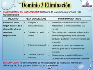 DIAGNOSTICO DE ENFERMERIA: Deterioro de la eliminación urinaria R/C
multicasualidad.
OBJETIVO PLAN DE CUIDADOS PRINCIPIO CIENTIFICO
Paciente no tendrá
ningún deterioro de la
eliminación urinaria,
durante su
hospitalización.
 Manejo de la
eliminación urinaria.
 Cuidados del catéter
urinario.
 Entrenamiento vesical.
 Control de ingeridos
eliminados.
 Para el funcionamiento eficaz del cuerpo, es
necesario que la eliminación urinaria sea
normal.
 Siempre hay microorganismos en la superficie
externa del organismo y en las cavidades.
conductos que tienen comunicación directa con
el excretor.
 La pérdida del control voluntario es una
amenaza grave para la autenticación del
individuo.
 Para conservar el equilibrio hídrico son
necesarios los volúmenes definidos de líquidos.
EVALUACION: Paciente durante su hospitalización se habitúa al manejo de
diferentes técnicas para contribuir con su tratamiento.
 