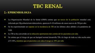 TBC RENAL
 La Organización Mundial de la Salud (OMS) estima que un tercio de la población mundial está
infectada por Mycobacterium tuberculosis, aparecen 8-10 millones de casos nuevos de TB por año.
 Se ha experimentado un repunte en la incidencia de TB en los últimos años debido a la pandemia de
VIH.
 La TB se ha convertido en la infección oportunista más común de los pacientes con sida.
 Se estima que el riesgo de que un huésped normal desarrolle TB a lo largo de toda su vida oscila entre
el 5-10%, mientras que en pacientes con sida el riesgo es 10% por año
2.- EPIDEMIOLOGIA
 