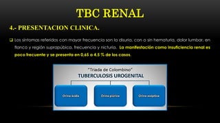  Los síntomas referidos con mayor frecuencia son la disuria, con o sin hematuria, dolor lumbar, en
flanco y región suprapúbica, frecuencia y nicturia. La manifestación como insuficiencia renal es
poco frecuente y se presenta en 0,65 a 4,5 % de los casos.
TBC RENAL
4.- PRESENTACION CLINICA.
 