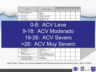 Escala NIHSS
Lyden P, Brott T, Tilley B, et al. Improved reliability of the NIH stroke scale using video training. Stroke. 1994. 25: 2220-6.
0-8: ACV Leve
9-18: ACV Moderado
19-26: ACV Severo
>26: ACV Muy Severo
 