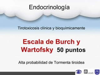 Endocrinología
Tirotoxicosis clínica y bioquímicamente
Escala de Burch y
Wartofsky 50 puntos
Alta probabilidad de Tormenta tiroidea
 