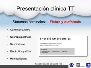 Presentación clínica TT
Síntomas cardinales: Fiebre y diaforesis
• Cardiovasculares
• Neuropsiquiatricos
• Respiratorias
• Electrolitos y riñón
• Hematológicas
Med Clin N Am 96 (2012) 385–403
 