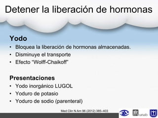 Detener la liberación de hormonas
Yodo
• Bloquea la liberación de hormonas almacenadas.
• Disminuye el transporte
• Efecto “Wolff-Chaikoff”
Presentaciones
• Yodo inorgánico LUGOL
• Yoduro de potasio
• Yoduro de sodio (parenteral)
Med Clin N Am 96 (2012) 385–403
 