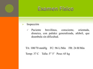    Inspección

       Paciente brevilínea, consciente, orientada,
        disneica, con palidez generalizada, afebril, que
        deambula sin dificultad.



    TA: 100/70 mmHg    FC: 96 L/Min   FR: 24 R/Min

    Temp: 37 C Talla: 5” 5’ Peso: 65 kg
 