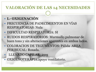 VALORACIÓN DE LAS 14 NECESIDADES
 I.- OXIGENACIÓN
 FRECUENCIA DE PADECIMIENTOS EN VÍAS
RESPIRATORIAS: Nula
 DIFICULTAD RESPIRATORIA: SI
 RUIDOS RESPIRATORIOS: Murmullo pulmonar de
buen tono y sin alteraciones aparentes en ambos lados.
 COLORACION DE TEGUMENTOS: Pálida AREA
PERIBUCAL: Rosada.
 LLENADO CAPILAR: 2seg
 OXIGENOTERAPIA:apoyo ventilatorio.
 