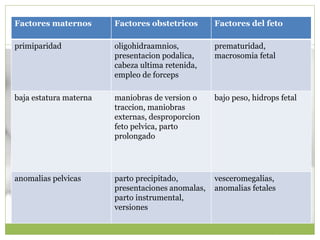 Factores maternos Factores obstetricos Factores del feto
primiparidad oligohidraamnios,
presentacion podalica,
cabeza ultima retenida,
empleo de forceps
prematuridad,
macrosomia fetal
baja estatura materna maniobras de version o
traccion, maniobras
externas, desproporcion
feto pelvica, parto
prolongado
bajo peso, hidrops fetal
anomalias pelvicas parto precipitado,
presentaciones anomalas,
parto instrumental,
versiones
vesceromegalias,
anomalias fetales
 