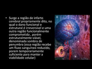 • Surge a região de infarto
  cerebral propriamente dito, no
  qual o dano funcional e
  estrutural é irreversível e uma
  outra região funcionalmente
  comprometida , porém
  estruturalmente viável,
  denominada sombra de
  penumbra (essa região recebe
  um fluxo sanguíneo reduzido,
  porem temporariamente
  suficiente para manter a
  viabilidade celular)
 